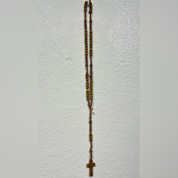 Artisan Jewelry - Wooden Carved Rosary Pendant Necklace
